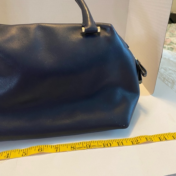 Navy Blue leather satchel handbag purse handles &strap. Interior Pockets. - Picture 14 of 16